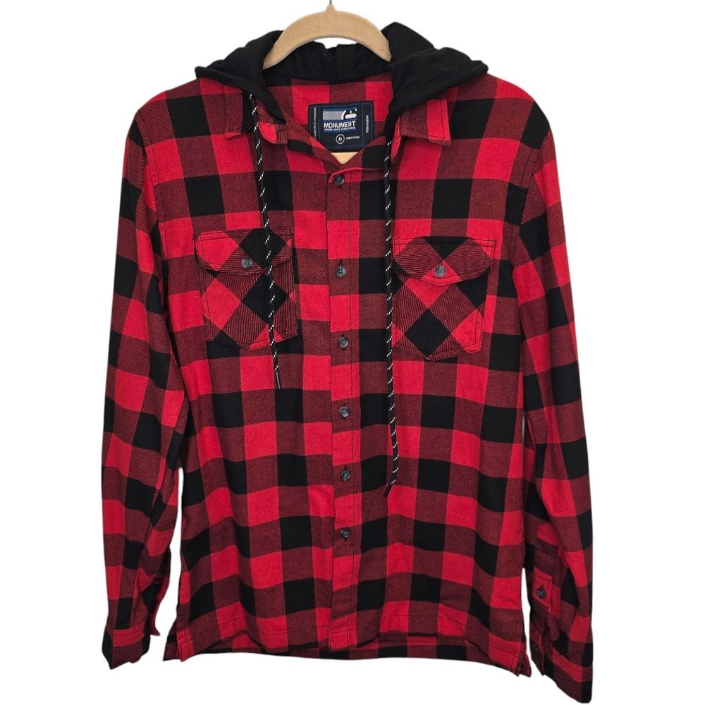 Monument Men’s M Workwear Soft Flannel Red Black Plaid Hoodie Sweatshirt